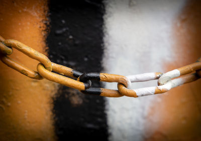 Close-up of rusty chain tied up on metal fence