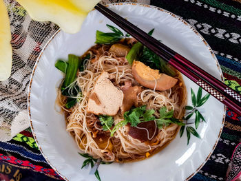 High angle view of food in plate on table