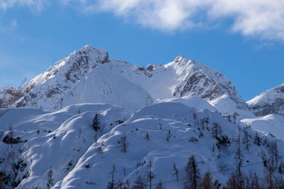 Scenic view of snow covered mountains against sky