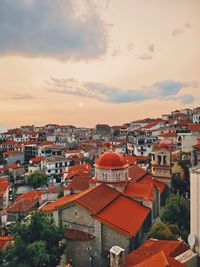 High angle view of townscape against sky at sunset