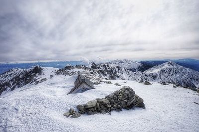 Snow covered landscape against sky