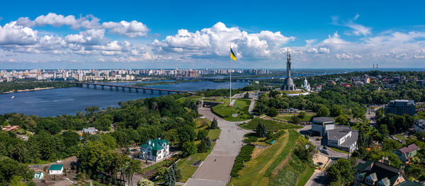 Aerial view of the mother motherland monument in kiev.