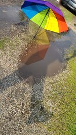 High angle view of multi colored shadow on wet land