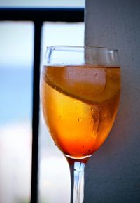 Close-up of beer in glass on table