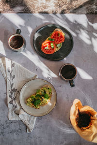 High angle view of breakfast on table