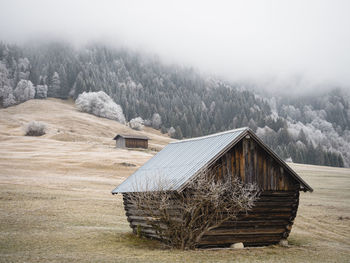 Wooden house on snow covered land against sky