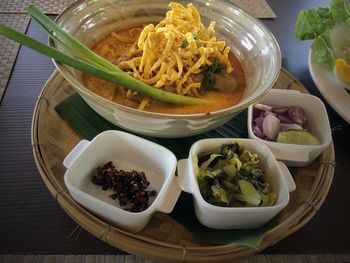 High angle view of meal served on table
