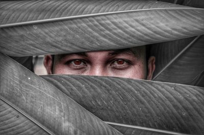 Portrait of man hiding behind curtain