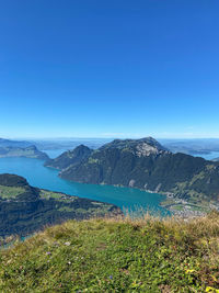 Scenic view of lake against clear blue sky