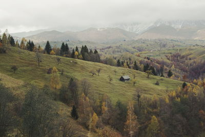 Scenic view of landscape and mountains during autumn