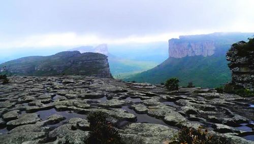 Scenic view of mountains against cloudy sky