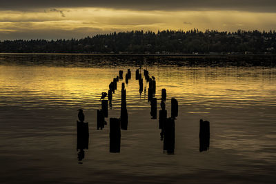 Silhouette wooden posts in lake against sky at sunset