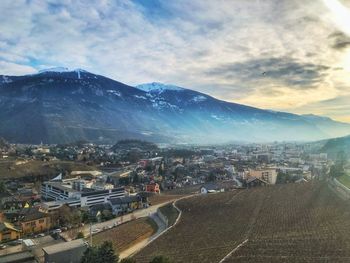 High angle shot of townscape against sky