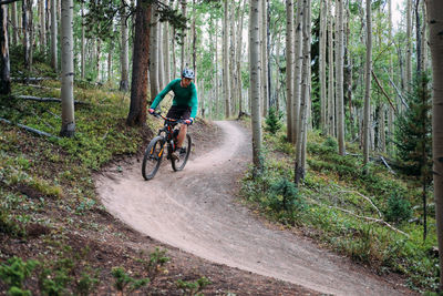 Man riding bicycle in forest