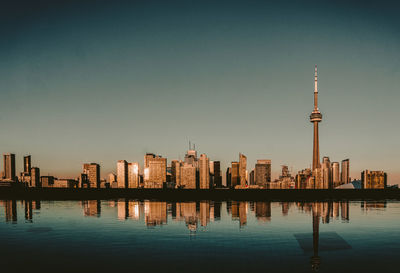 Reflection of buildings in city against clear sky