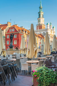 Panoramic view of buildings in city against clear sky