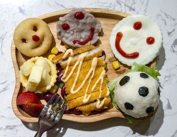 High angle view of dessert in plate on table