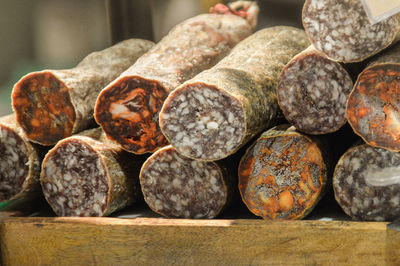 Close-up of salami on market stall