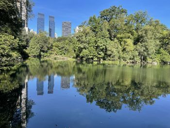 Scenic view of lake by trees against sky