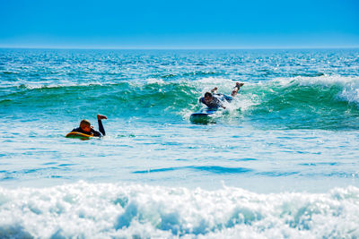 Man swimming in sea against sky