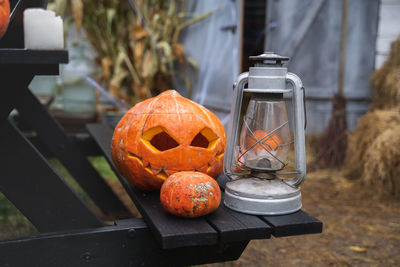 View of pumpkin on table during halloween