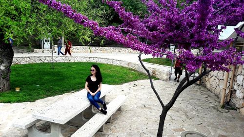Young woman sitting on tree