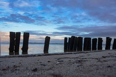 Wooden posts on beach against sky