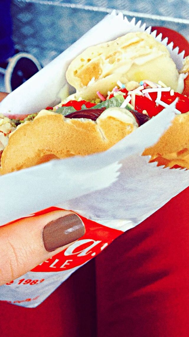 indoors, food and drink, food, close-up, still life, ready-to-eat, freshness, unhealthy eating, red, table, high angle view, part of, focus on foreground, indulgence, one person, day, paper, sweet food, bread