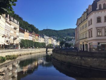 Reflection of buildings in water against clear blue sky