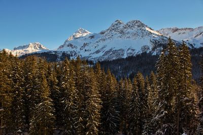 Scenic view of snowcapped mountains against clear sky