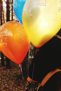 Close-up of balloons against trees