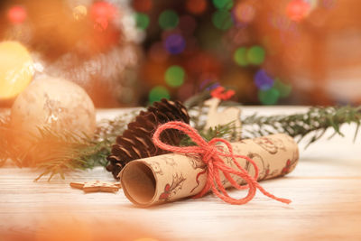 Close-up of christmas decoration on table