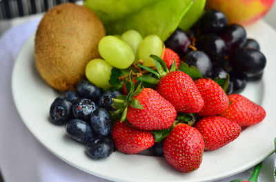 High angle view of strawberries in bowl on table