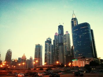 City skyline at dusk