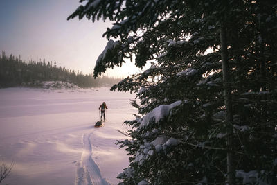 Skier pulling pulk sled walking across a frozen lake at sunrise