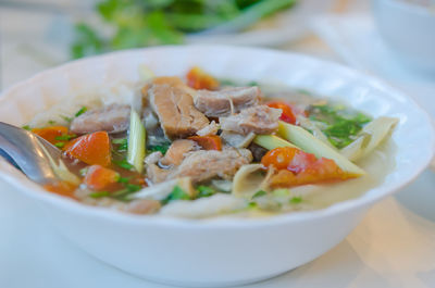 High angle view of soup in bowl