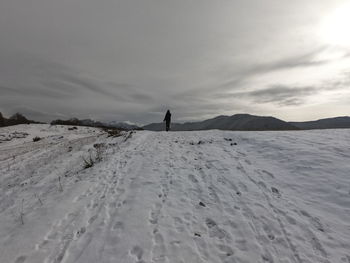 Person on snowcapped mountain against sky