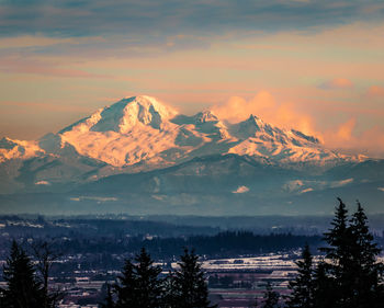 Scenic view of snowcapped mountains against sky during sunset