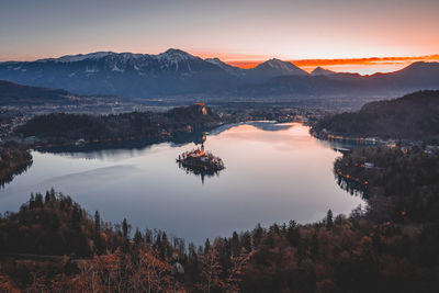 Sunrise at bled lake, slovenia, mountain, mountain range, lake, water, island.