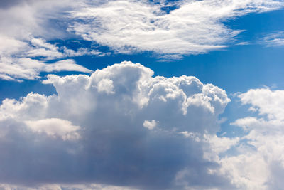 Blue sky with puffy cloud formations, natural background