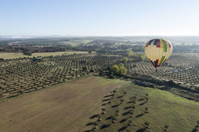 View of hot air balloon flying over land