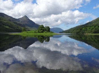 Scenic view of lake and mountains against sky