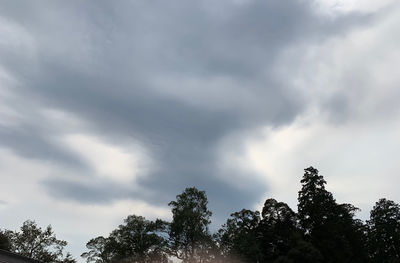 Low angle view of trees against cloudy sky