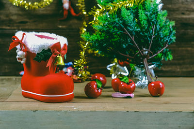 Close-up of christmas decorations on table