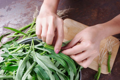 Cropped hands of woman cutting vegetables on table