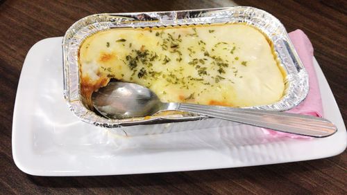 High angle view of food in plate on table