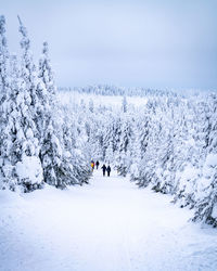 People on snow covered land against sky