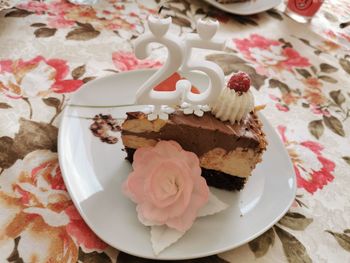 High angle view of cake served on table