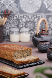 Banana bread or banana cake close up in high level in the table