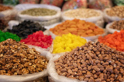 Dried nuts and fruits for sale in market 